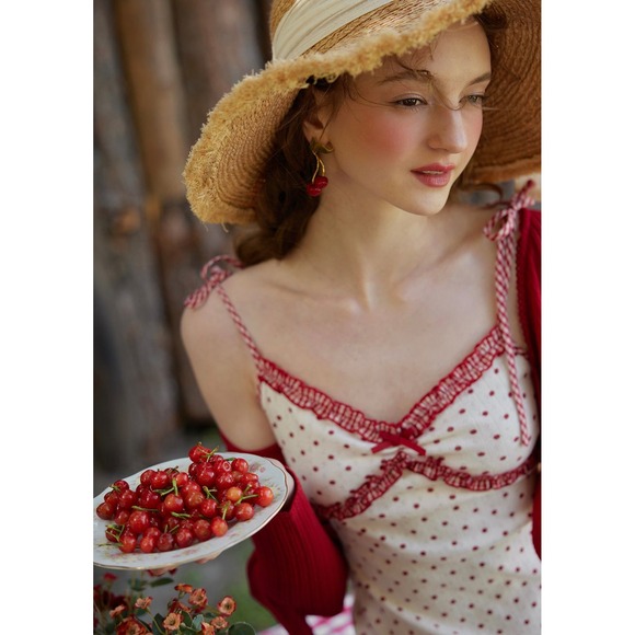 Lacemade Cheryl Mini Dress Red Polka Dot Pointelle Knit Coquette White Size S - Picture 3 of 9